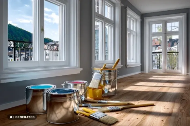 Farbtöpfe und Pinsel in einer neu renovierten Wohnung