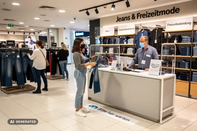 Geschäft für Freizeitbekleidung in einem Shopping-Center, Kunden und Verkäufer tragen Atemschutzmasken
