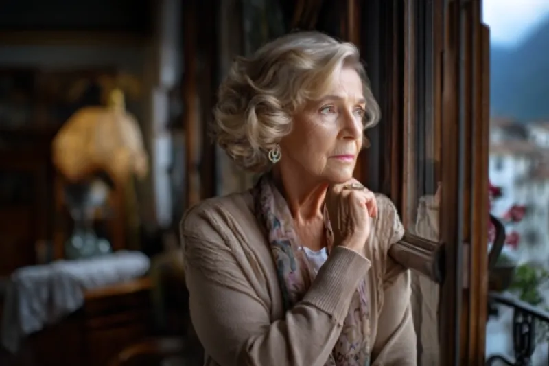 Alte Frau sitzt nachdenklich an einem Fenster ihrer Wohnung