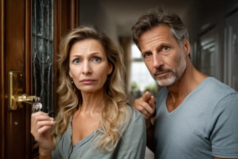 Paar steht vor verschlossener Tür, die Frau hält Schlüssel in der Hand