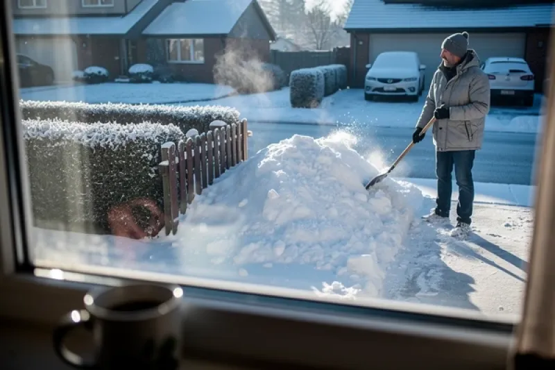 Blick aus dem Fenster, der Nachbar schaufelt Schnee