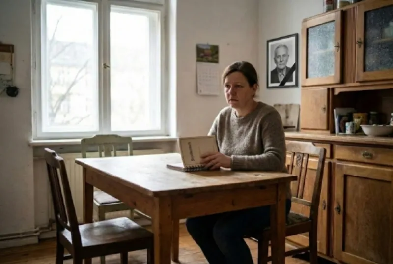 Ältere Frau sitzt am Küchentisch und blättert im Familienstammbuch