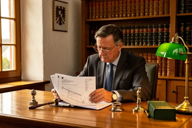 Ein Notar sitzt in seinem Arbeitszimmer und grübelt über Unterlagen.