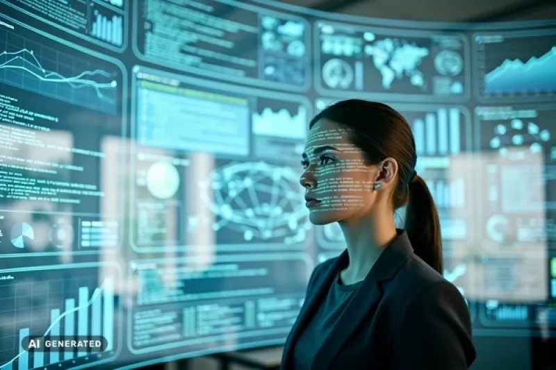Symbolbild: Junge Frau vor einer virtuellen Datenwand