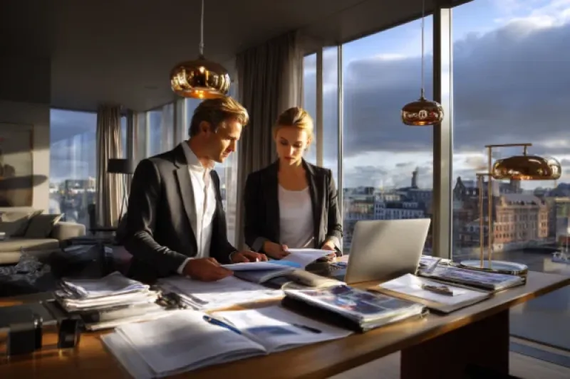 Eine Frau und ein Mann stöbern in einem modernen Büro Geschäftsunterlagen