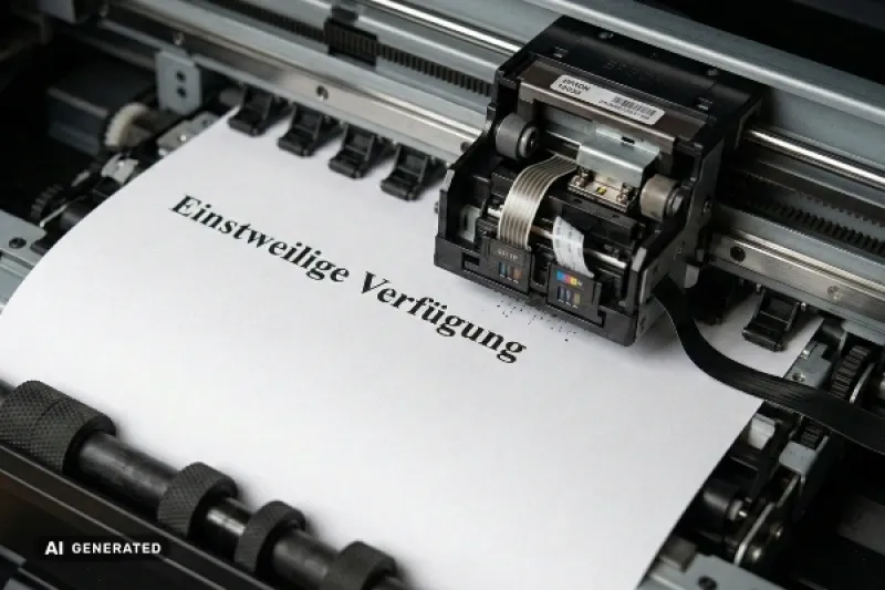 Papier im Drucker mit der Überschrift "Einstweilige Verfügung"