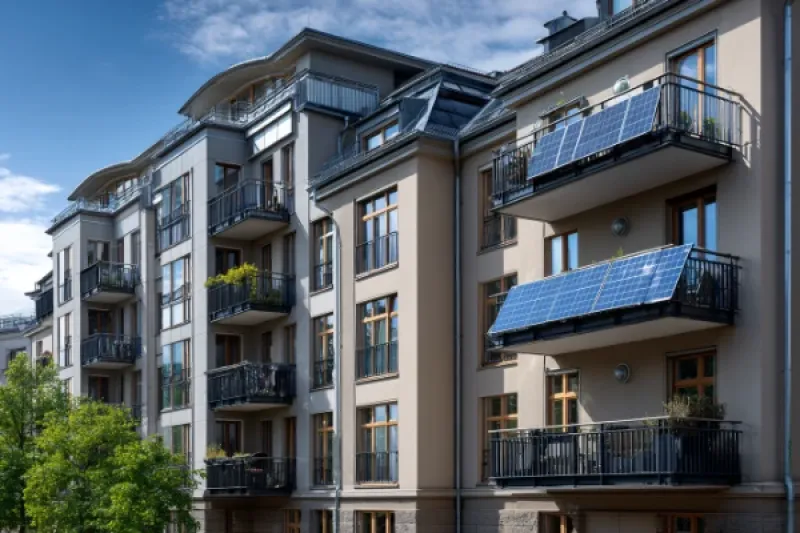 moderne Apartmentanlage, auf zwei Balkonen sind Solarpanele am Geländer befestigt