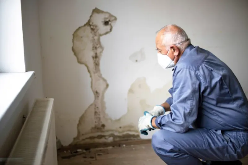 Handwerker betrachtet eine Wohnungswand mit Schimmelbildung