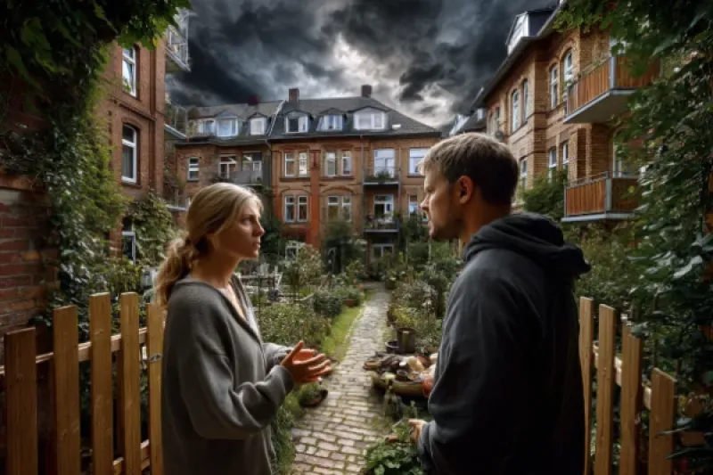 Eine Frau und ein Mann streiten sich an einem Gartenzaun