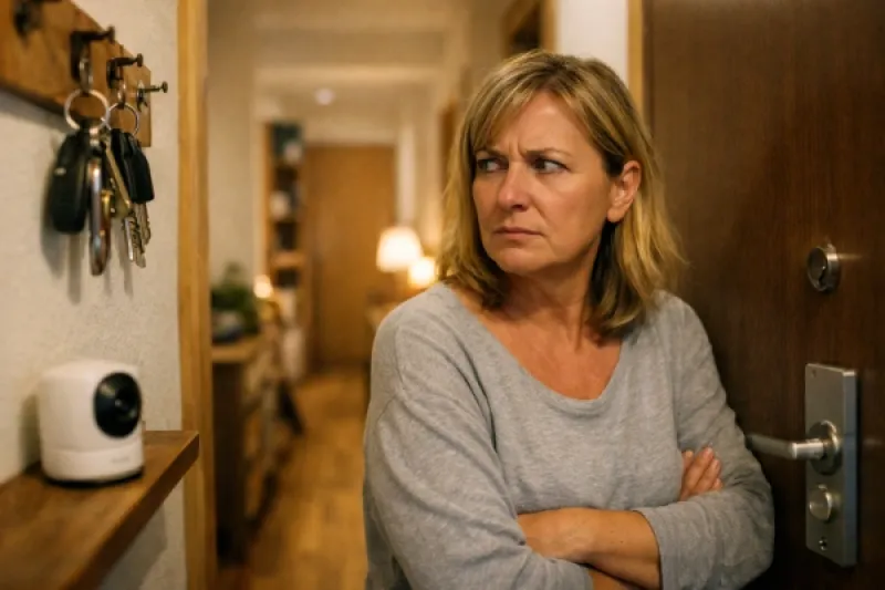 Eine Frau schaut zweifelnd zu Ihren Wohnungsschlüsseln, die im Flur an einer Leiste hängen