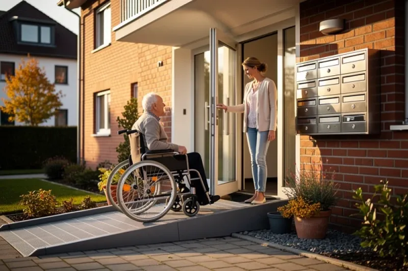 Älterer Mann im Rollstuhl fährt über eine Rampe in ein Haus, eine Frau hält ihm die Tür auf