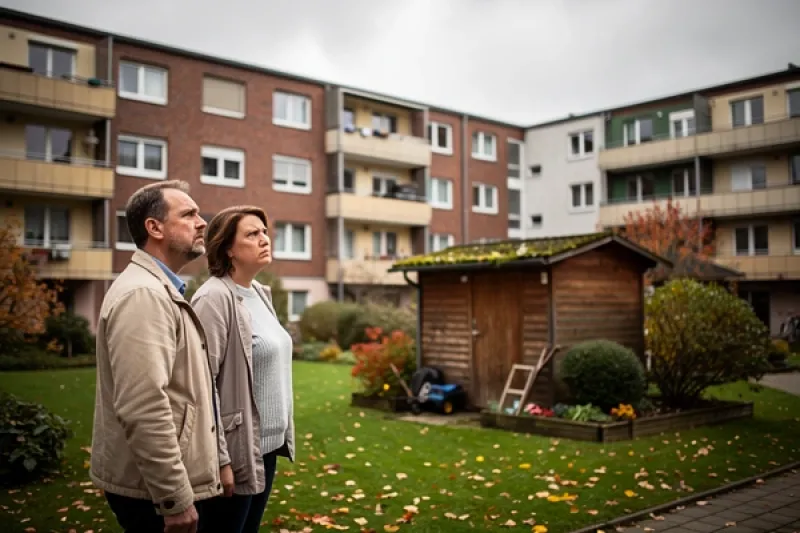 Ehepaar steht vor einem Gartenhaus auf einer Gartenfläche vor einem Mehrfamilienhaus