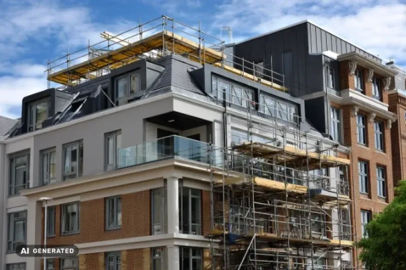 Mehrfamilienhaus, eingerüstet für einen Dachgeschossausbau