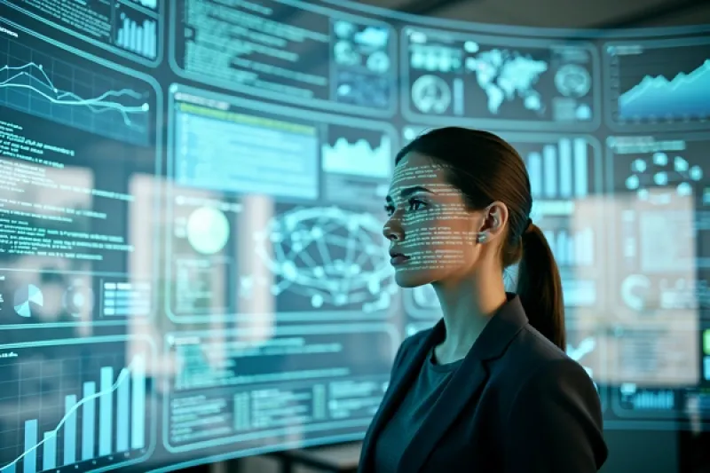 Symbolbild: Junge Frau vor einer virtuellen Datenwand