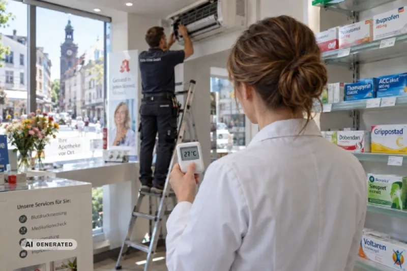 Eine Apothekerin im weißen Kittel steht besorgt vor einem Regal mit Medikamentenpackungen in einer modernen deutschen Apotheke.