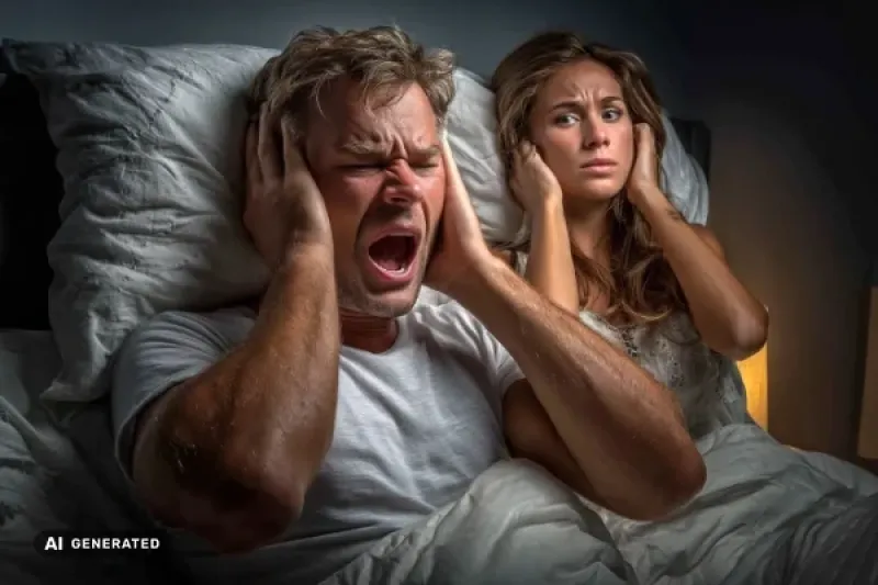 Ehepaar sitzt im Bett und hält sich die Ohren zu