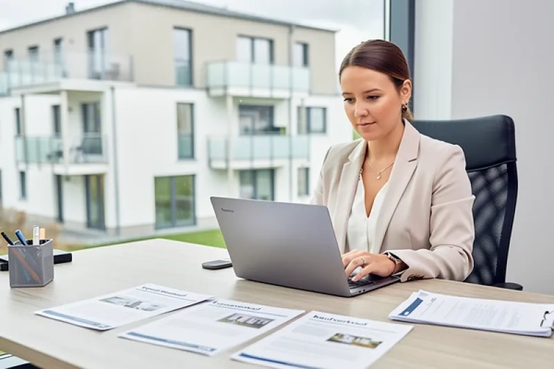 Immobilienmaklerin am Schreibtisch mit einem Laptop